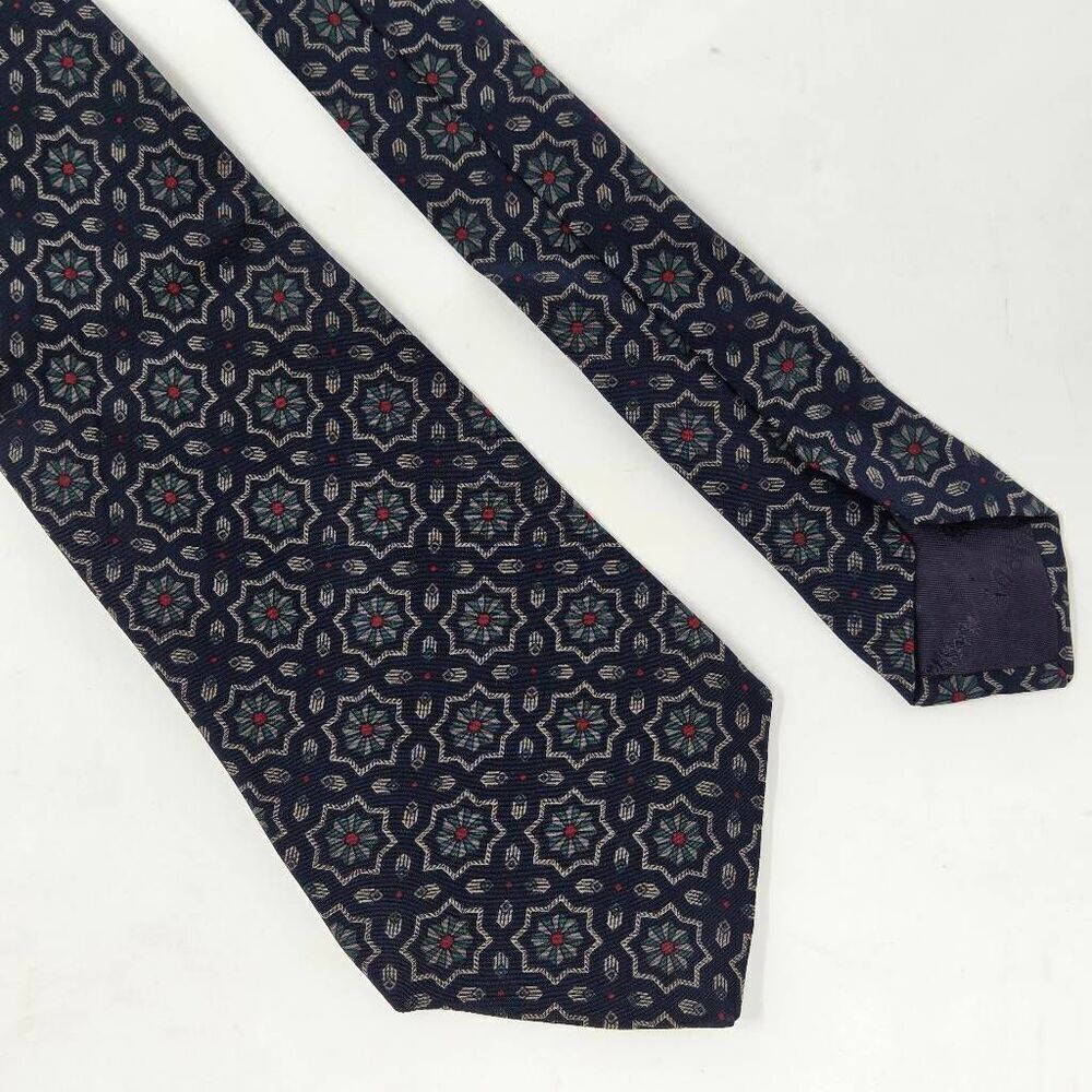 HARDY AMIES ENGLAND SILK TIE NAVY BLUE TAN BAROQUE GEOMETRIC SMOOTH 3.5" X 55"